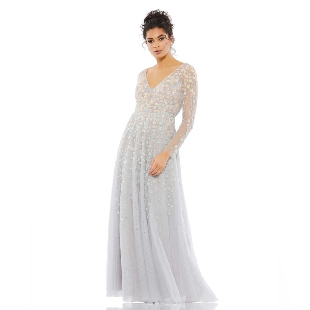 Mac Duggal 9131 NWT EMBELLISHED WRAP OVER ILLUSION LONG SLEEVE A LINE